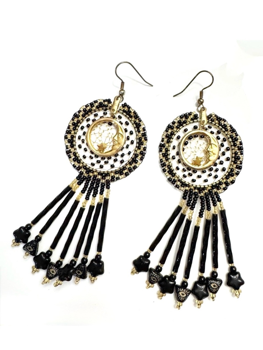 Bohemian Gold Half Moon Charm Black Beaded Dreamcatcher Long Dangle Earrings